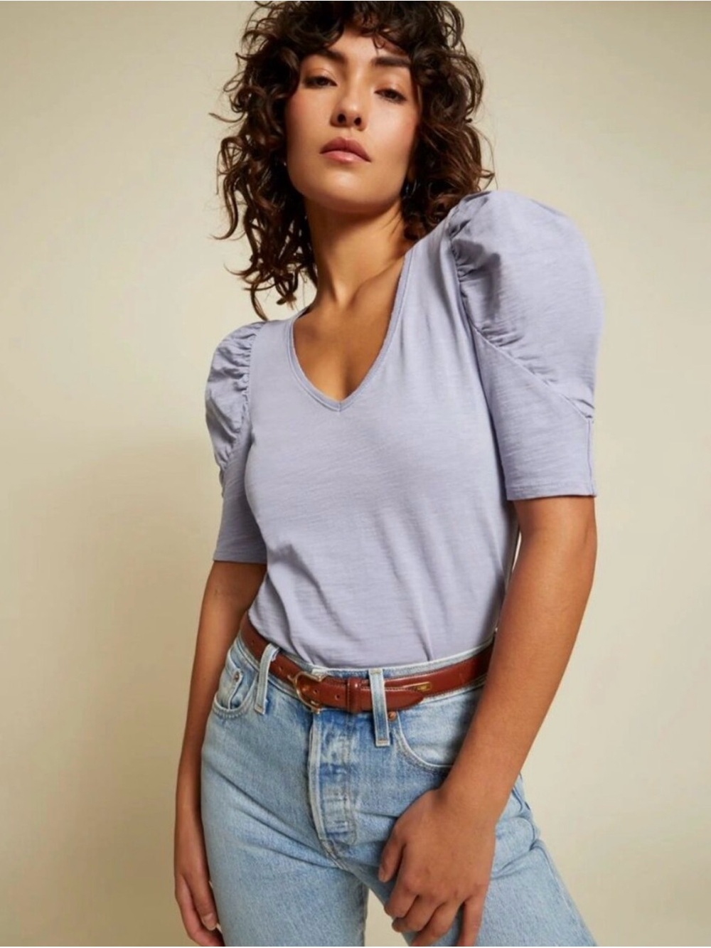 Nation LTD | Rosetta Gathered Sleeve V Neck Reverse Slub Tee Purple Pima Cotton